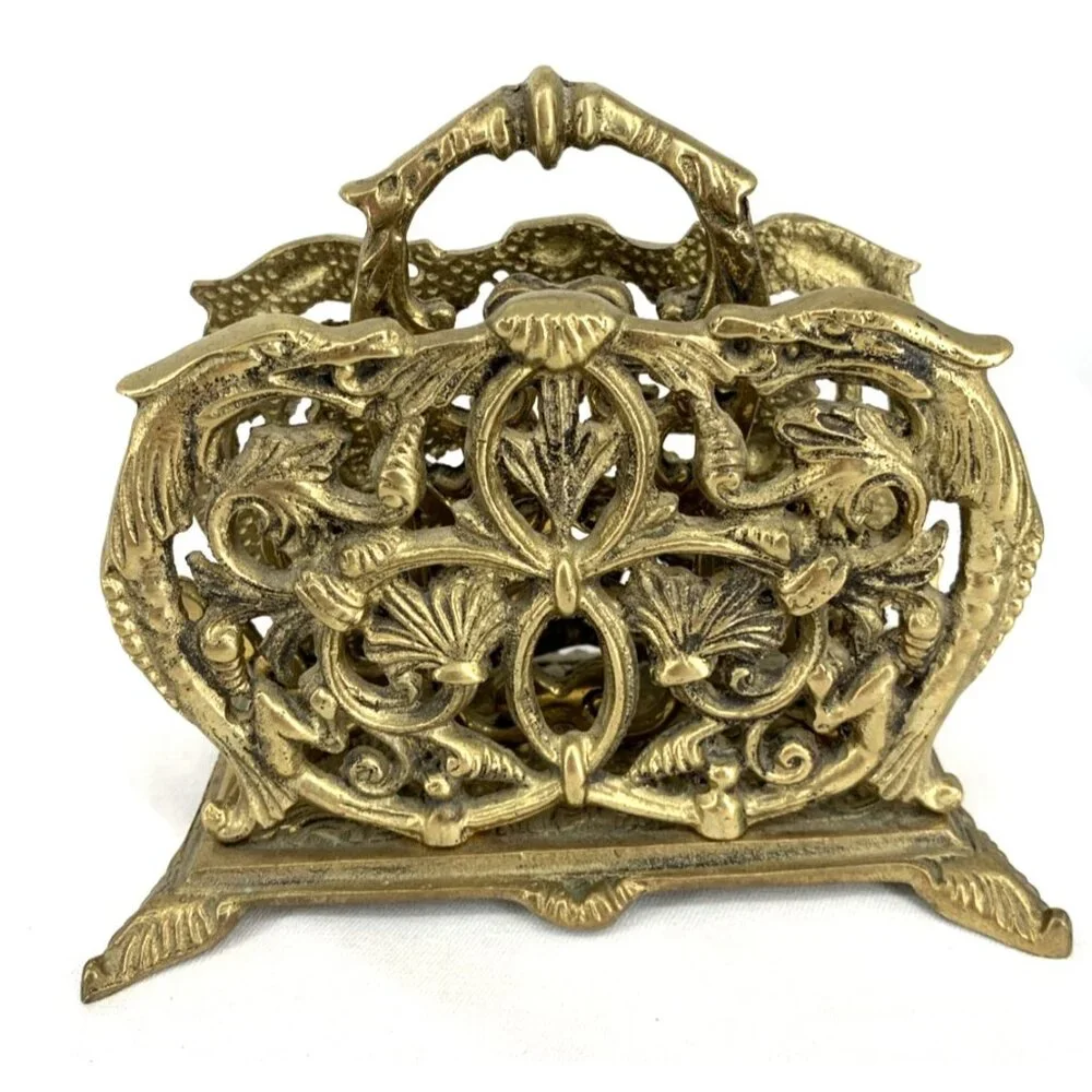 Brass Letter Napkin Holder Desk Organizer Floral Baroque Ornate Heavy 6" - Picture 3 of 6